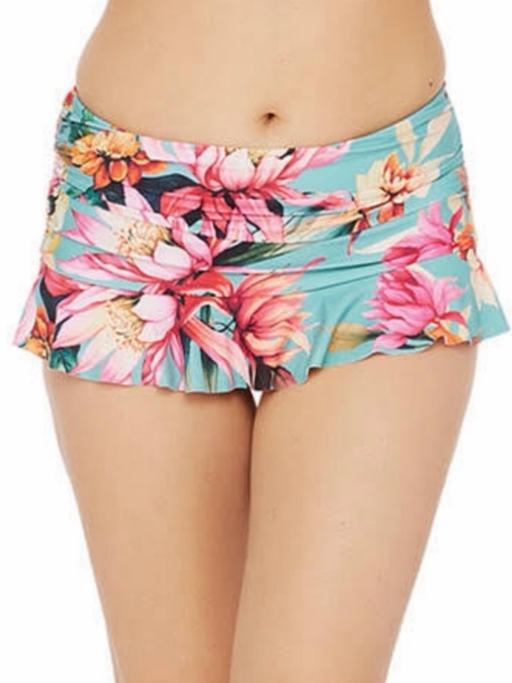 NWT LaBlanca Resort Tropical Floral Swim Skirted Bottoms - Aqua & Pink Sz  12